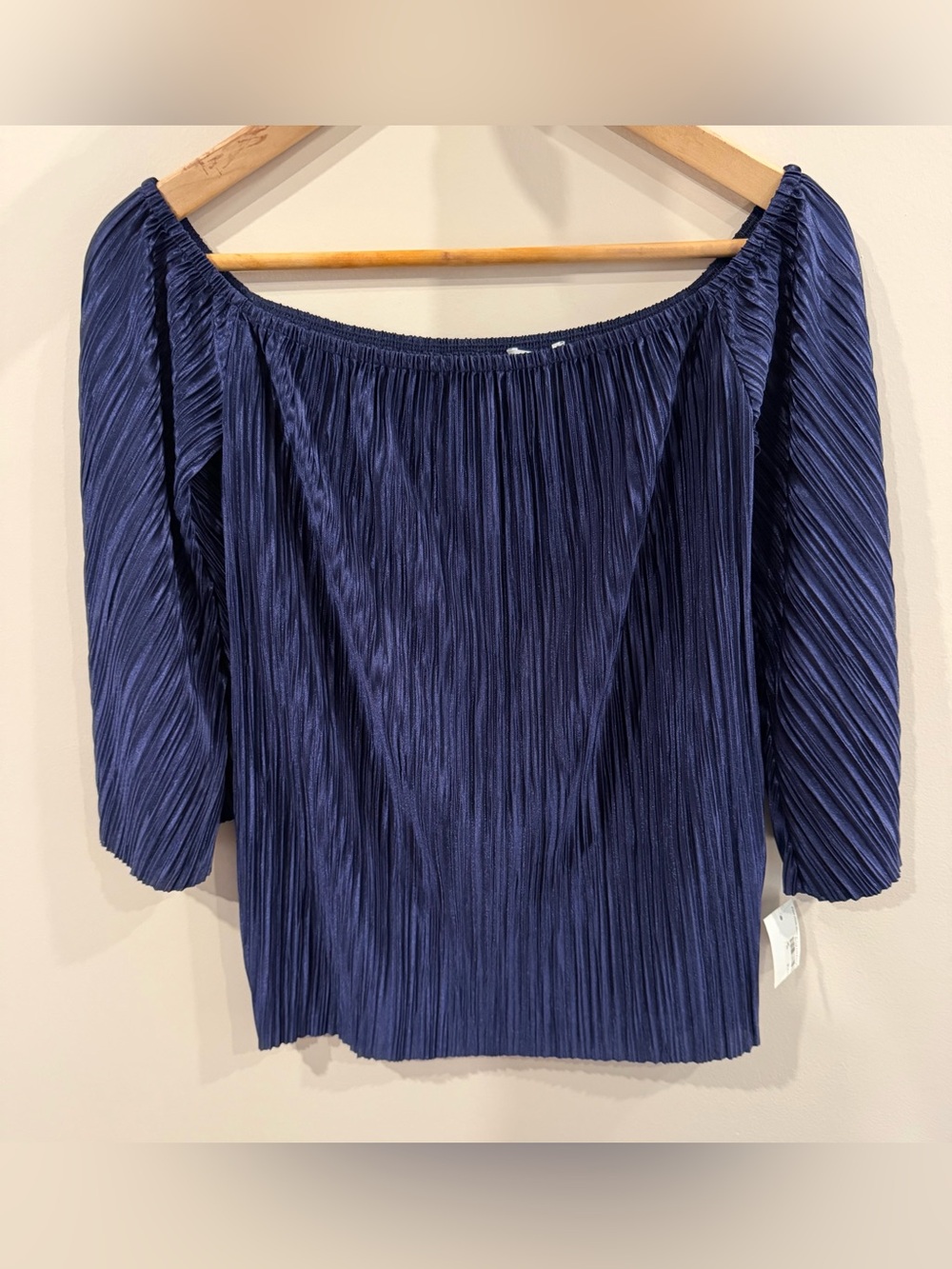 Bar III Navy Pleated Off-Shoulder Top